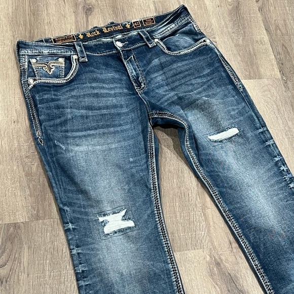 Rock Revival 42W 33L Tripp Straight Fit Distressed Western Cowboy Jeans Premium - Picture 4 of 15